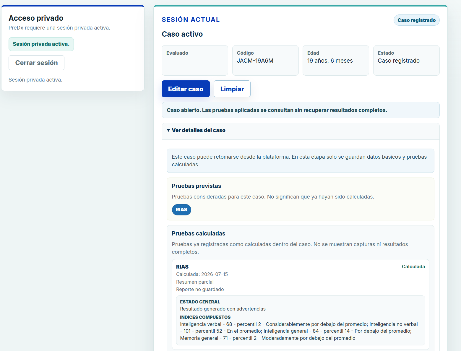 Caso activo en la plataforma PreDx con datos ficticios
